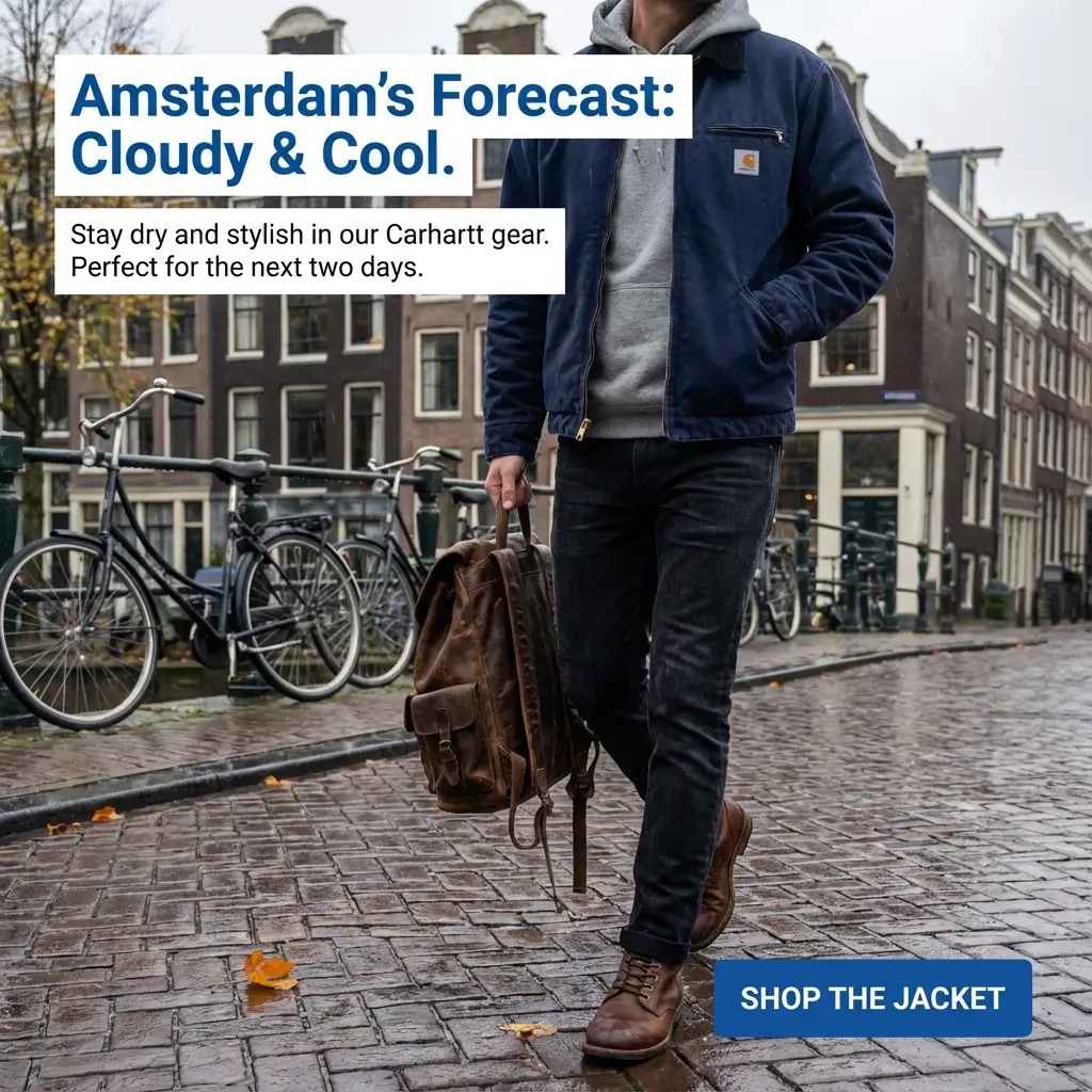AI-generated Meta ad showing person wearing Carhartt jacket on rainy Amsterdam cobblestone street with canal houses and bicycles, headline reads Amsterdam's Forecast Cloudy and Cool with Shop The Jacket button