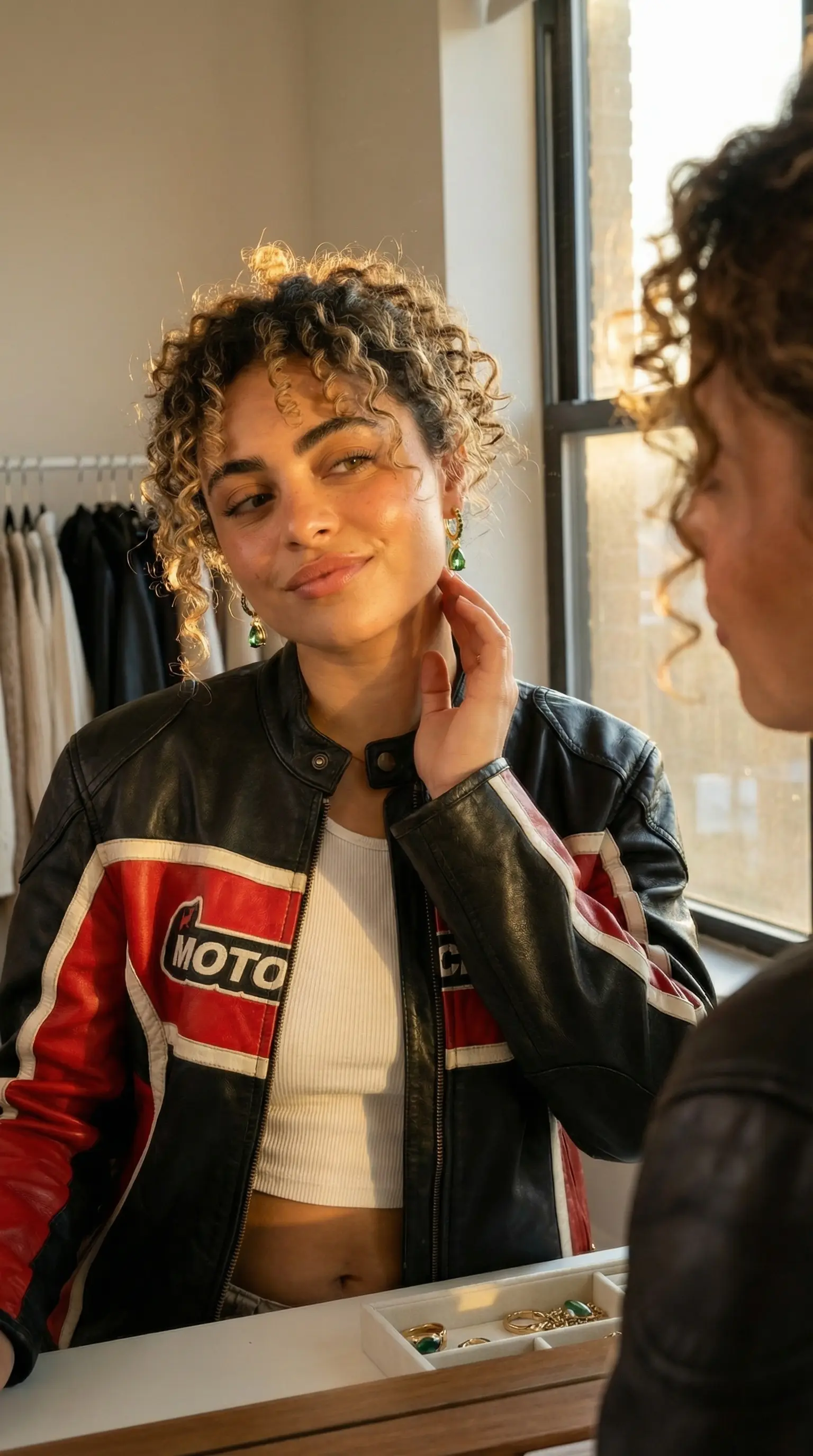 Gold earings with green stones on an AI model